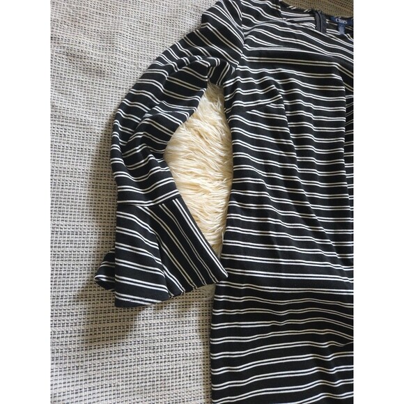 Chaps Women's 4 Black & White Small Striped Dress 4 Long Bell Sleeves Fitted - Picture 3 of 7